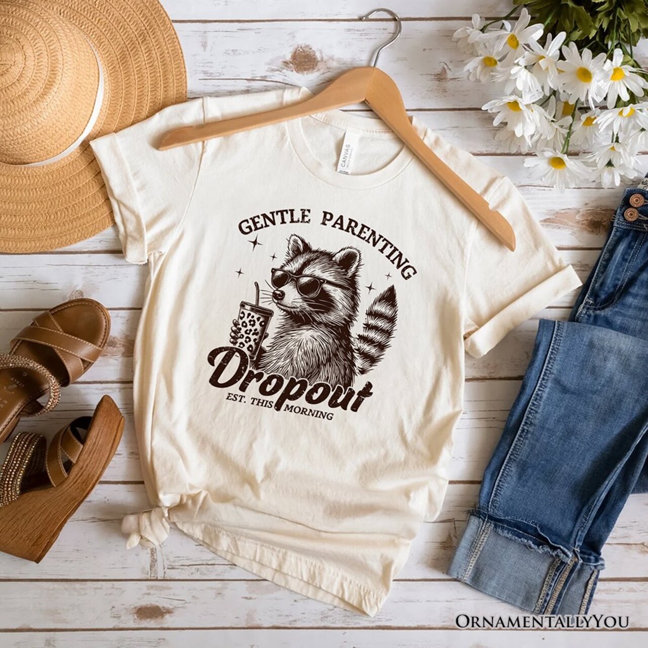 Gentle Parenting Dropout Raccoon T-Shirt, Tired Parent Humor Retro White and Natural Mom Tee